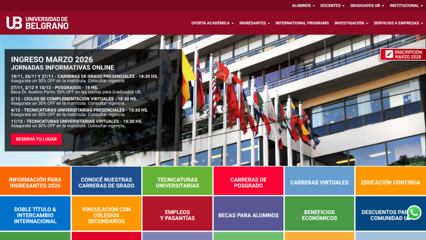 Universidad de Belgrano homepage with March 2026 enrollment info and academic program navigation