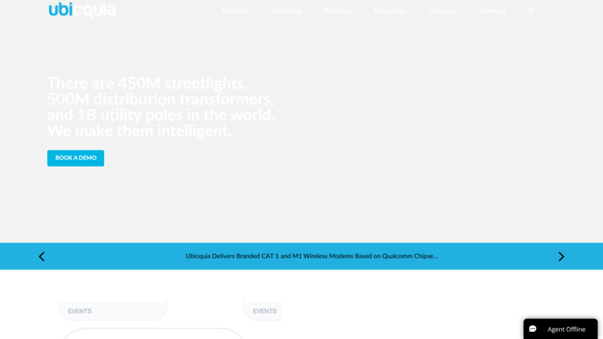 Ubiquía homepage with headline about intelligent streetlights, transformers, and utility poles and a 'Book a Demo' button