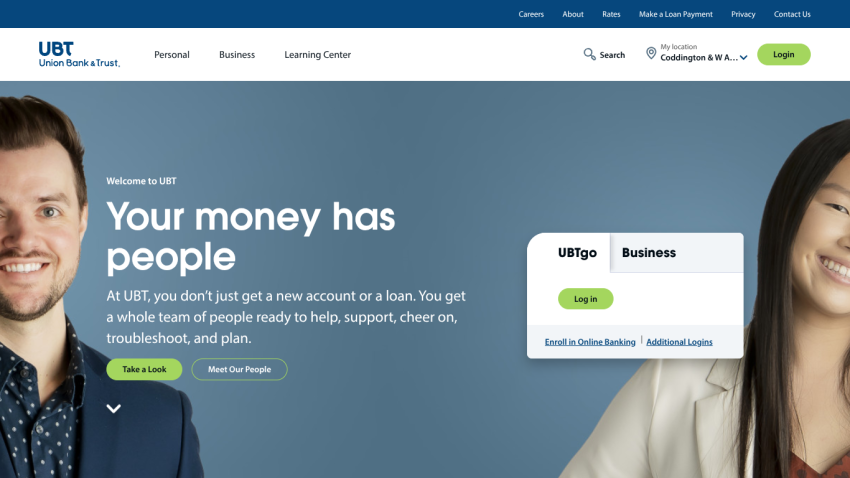 Homepage of UBT with welcoming message and options for personal and business banking.