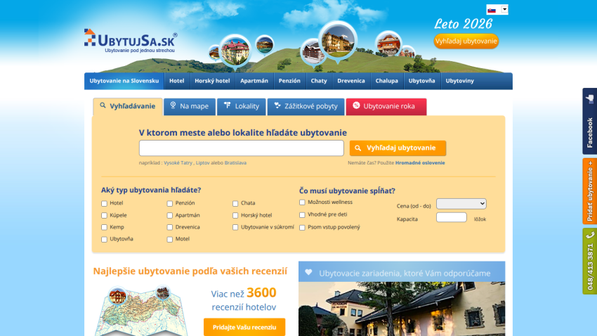Search interface for accommodations with options for location and date selection.