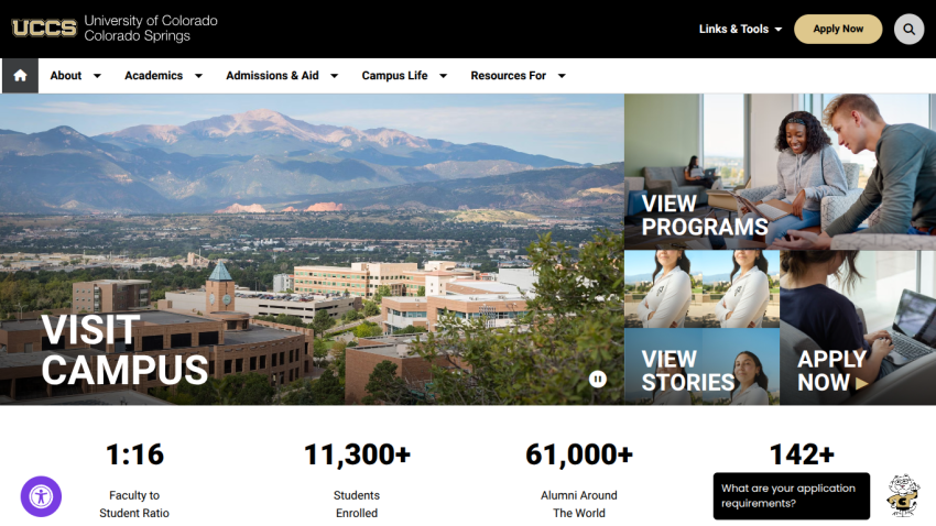 Homepage of UCCS featuring campus visit information and key statistics.
