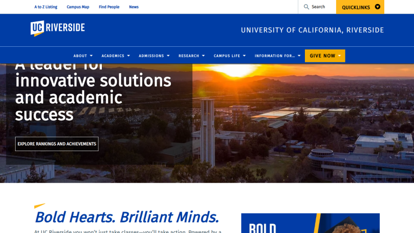 UC Riverside homepage featuring a leadership message and campus imagery.
