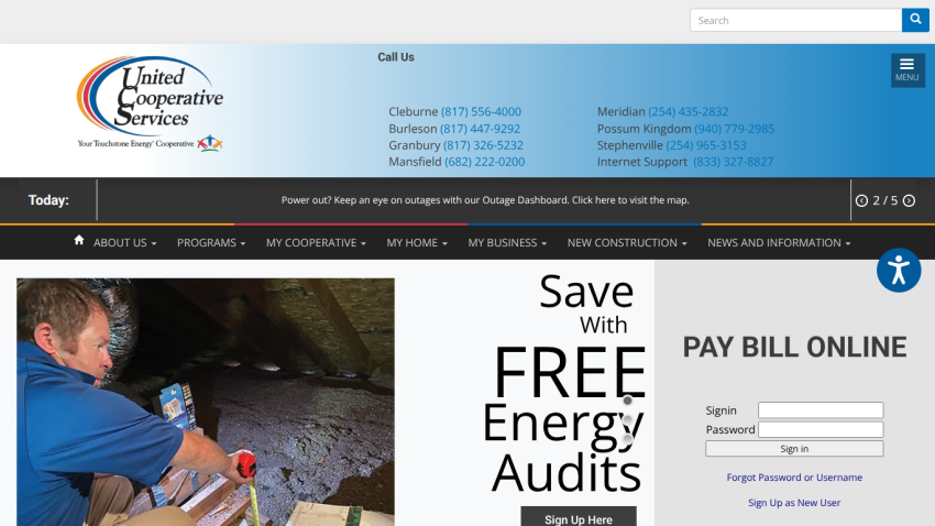 United Cooperative Services homepage with contact numbers, navigation menu, energy audit promotion, and online bill payment login