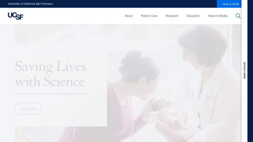 Homepage featuring a healthcare message about saving lives with science and a call to action.