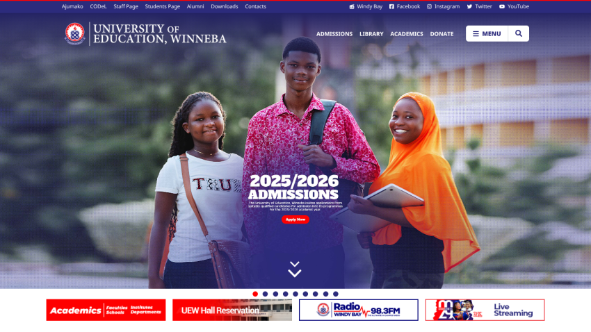 University of Education, Winnipeg homepage with 2025/2026 admissions banner featuring three diverse students