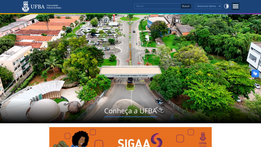 Aerial view of UFBA campus with a welcoming message and navigation bar.
