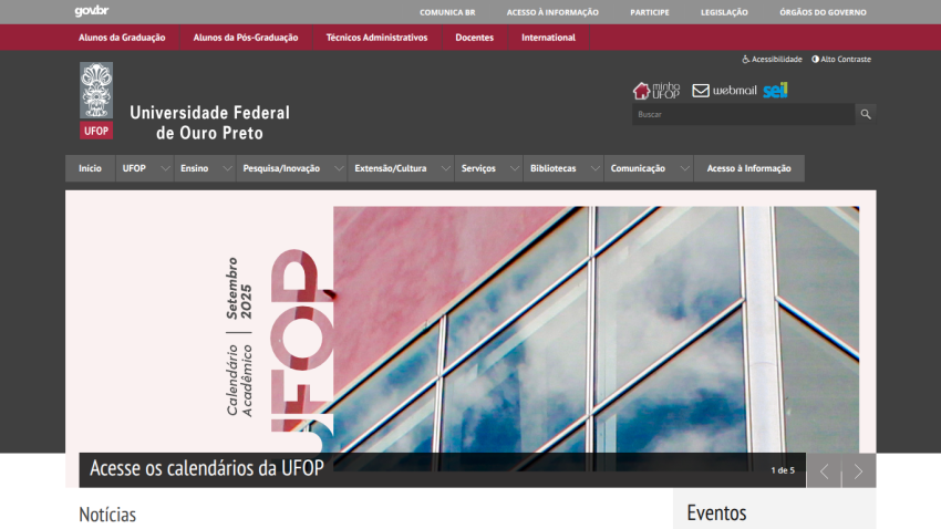 Homepage of Universidade Federal do Ouro Preto featuring news and events sections.