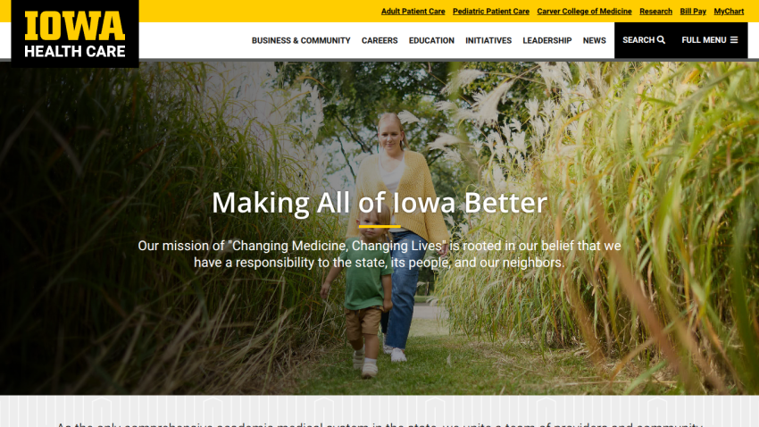 Iowa Health Care website hero section with a man and child walking outdoors, mission statement about making Iowa better