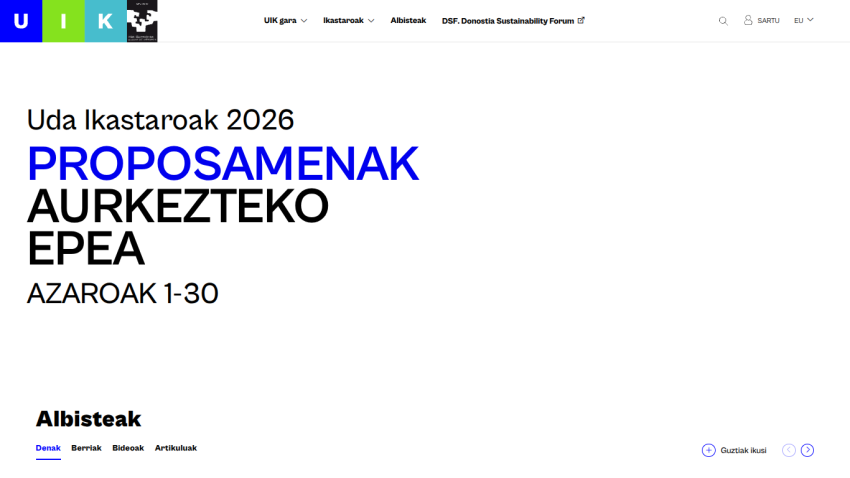 UIK website showing summer courses 2026 proposal submission deadline from November 1 to 30 with news section below.
