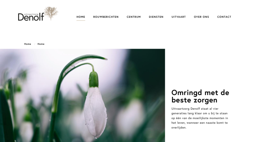 Uitvaartzorg Denolf funeral care website with a white flower image and introductory text about support during difficult times