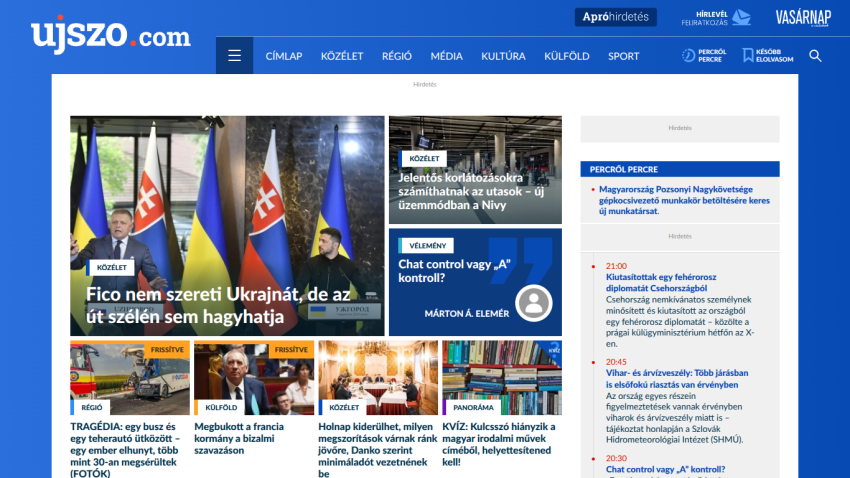 News website homepage featuring articles and flags of Ukraine and Slovakia.