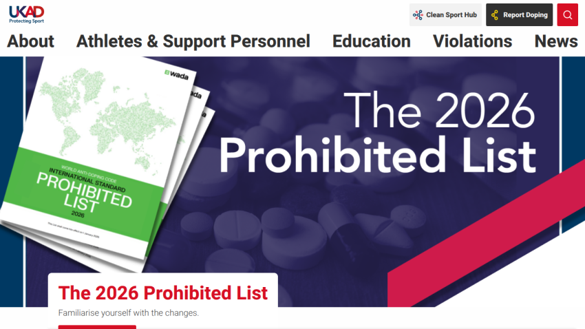 Website header and navigation with a hero section about the 2026 Prohibited List for anti-doping in sport