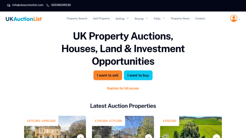 Homepage of UK Auction List featuring property auction opportunities and buttons to sell or buy.