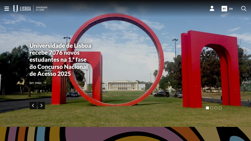 University of Lisbon announcement for new student admissions with a large red sculpture in the background.