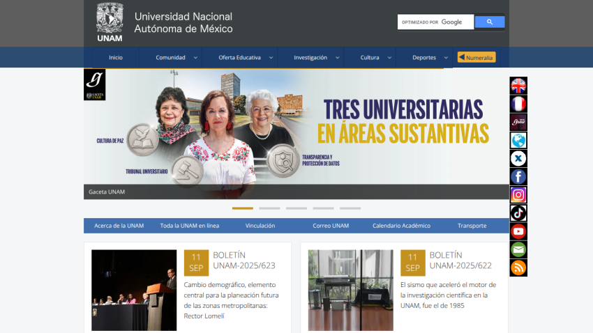 Homepage of Universidad Nacional Autónoma de México featuring three university representatives and news updates.