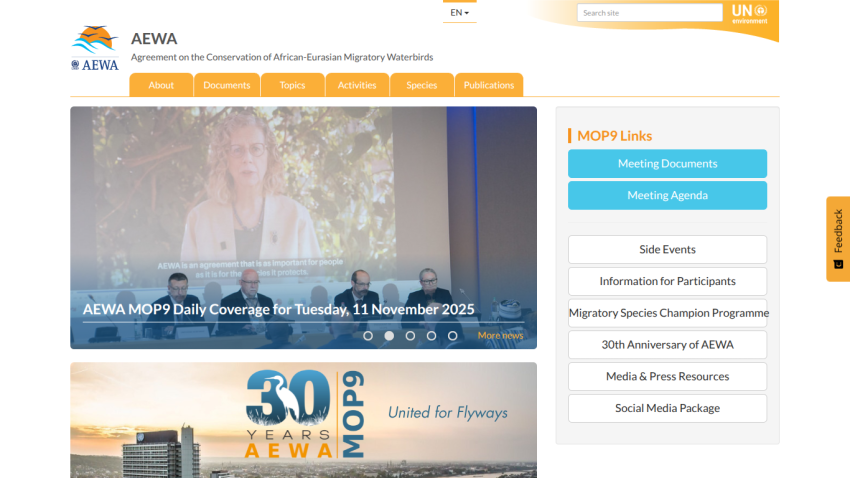 AEWA website header with navigation and hero slideshow covering MOP9 daily coverage and 30 years AEWA anniversary
