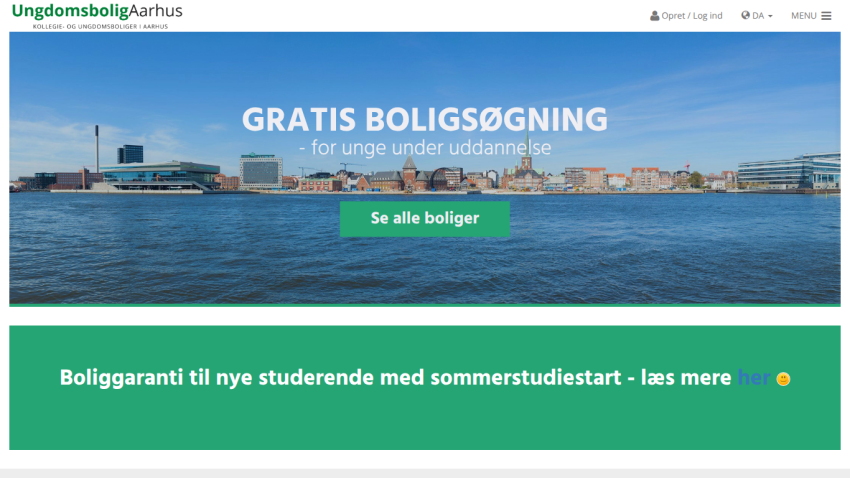 Homepage promoting free housing search for young people, with a call to action button.
