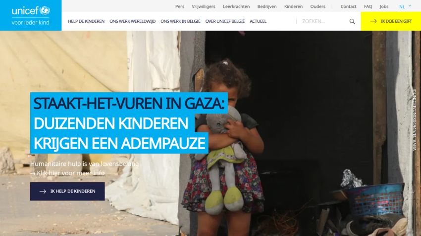 UNICEF Belgium site with headline about Gaza ceasefire and children needing humanitarian aid, call to help children