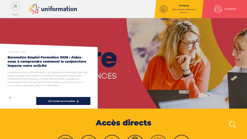 Website homepage with news about Employment Training Barometer 2026 and direct access links, featuring two people working on laptops