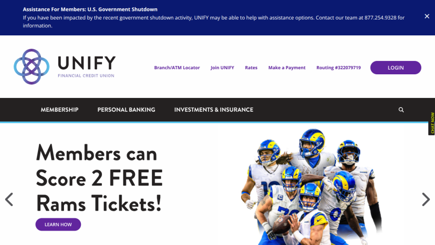 UNIFY Financial Credit Union homepage with mortgage offers and family image, navigation links, and login button
