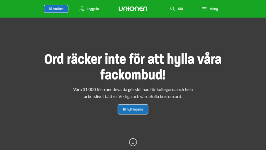 Unionen website hero with headline about honoring union representatives and a call-to-action button