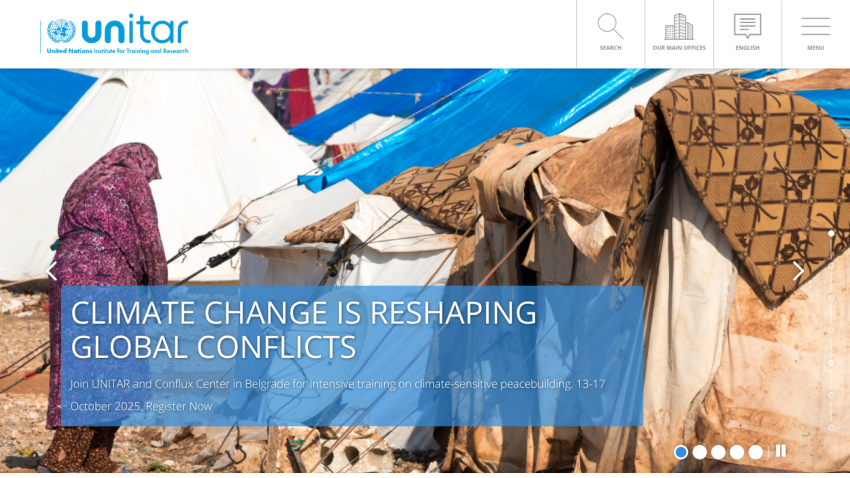 Headline about climate change reshaping global conflicts with an image of tents.