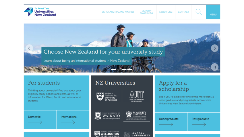 Homepage promoting university study in New Zealand with key sections for students and scholarships.
