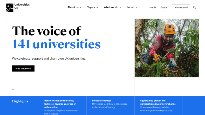 Homepage of Universities UK featuring a headline about 141 universities and a call to action.