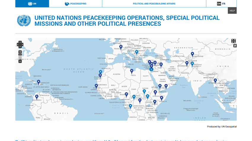 Map showing United Nations peacekeeping operations and political missions worldwide.