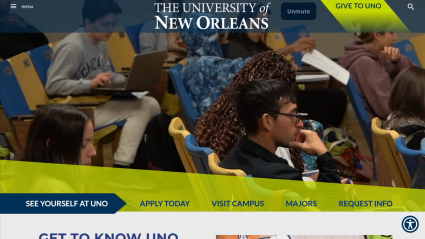 University of New Orleans homepage featuring students in a classroom setting and navigation options.