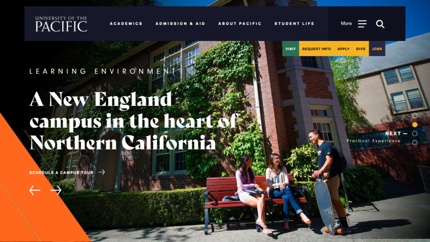 University of the Pacific homepage showing a New England campus in Northern California with students sitting and standing outside