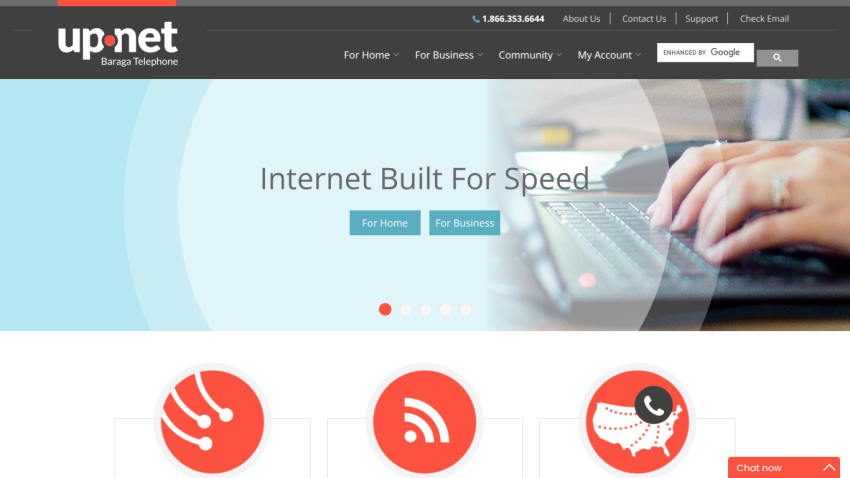 UpNet homepage with navigation bar, headline 'Internet Built For Speed', and call-to-action buttons for home and business internet plans