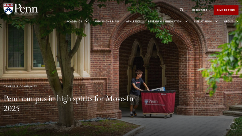 Penn campus welcoming students for Move-In 2025 with a student moving belongings.