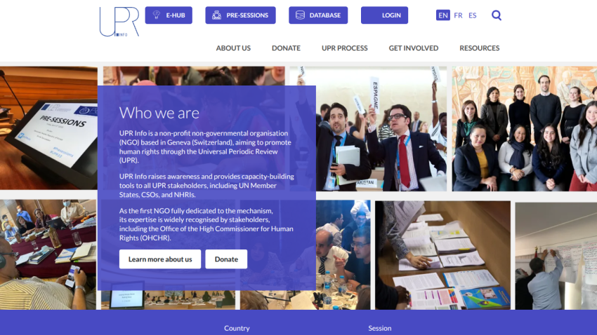 UPR Info NGO homepage with navigation, language options, and 'Who we are' section describing their human rights mission