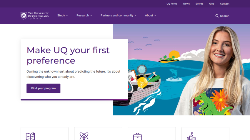 Homepage of UQ featuring a woman and a call to action to find a program.