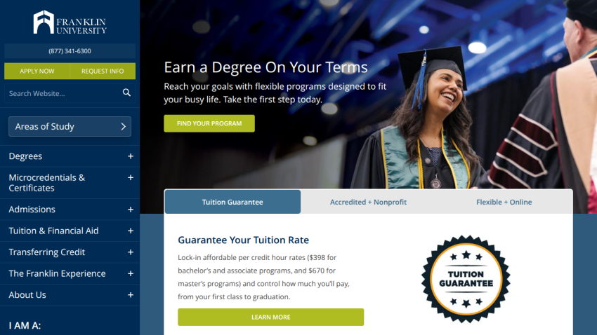 Homepage of Franklin University promoting degree programs and tuition guarantee.