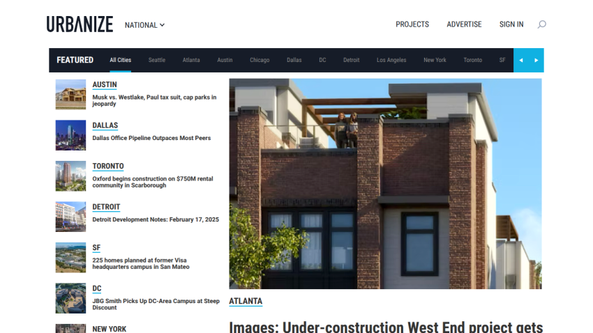 Urbanize website featuring a highlighted project in Atlanta with navigation links.