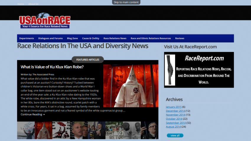 News website USAonRace with headline on race relations and diversity, featuring images and article excerpts.