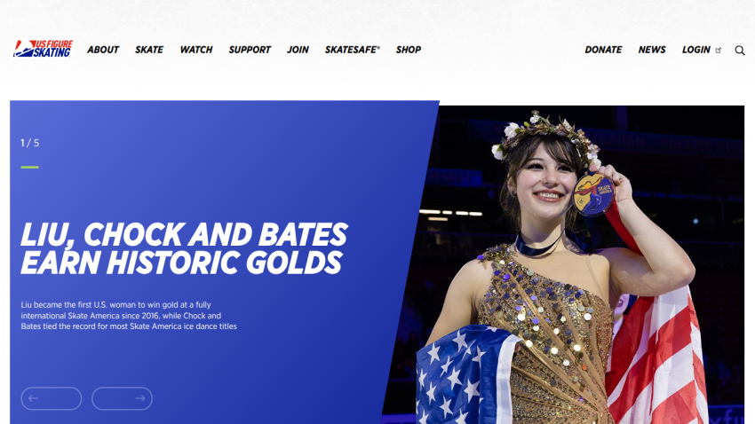US Figure Skating homepage highlighting historic gold wins by Liu, Chock, and Bates with navigation menu