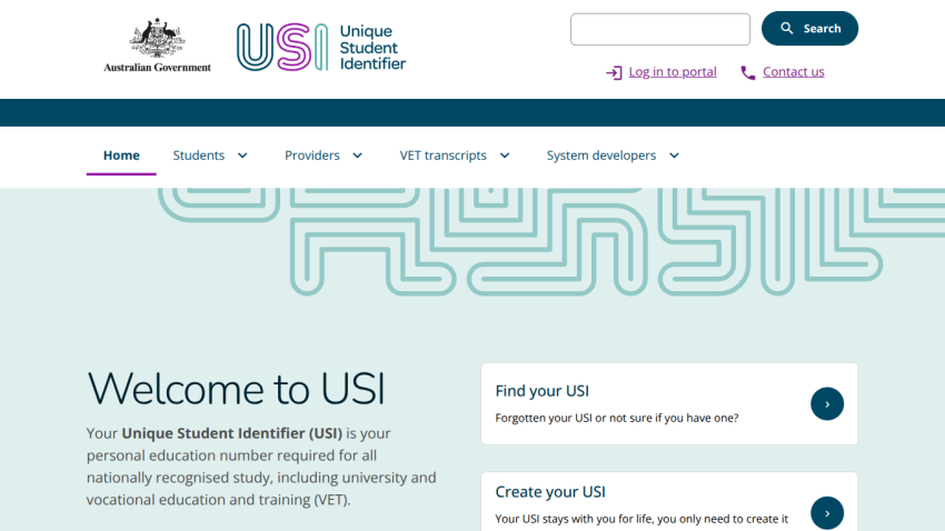 Welcome message for Unique Student Identifier (USI) with options to find or create an USI.