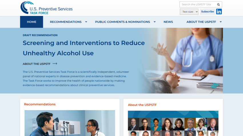 Homepage of U.S. Preventive Services Task Force with focus on alcohol use screening.