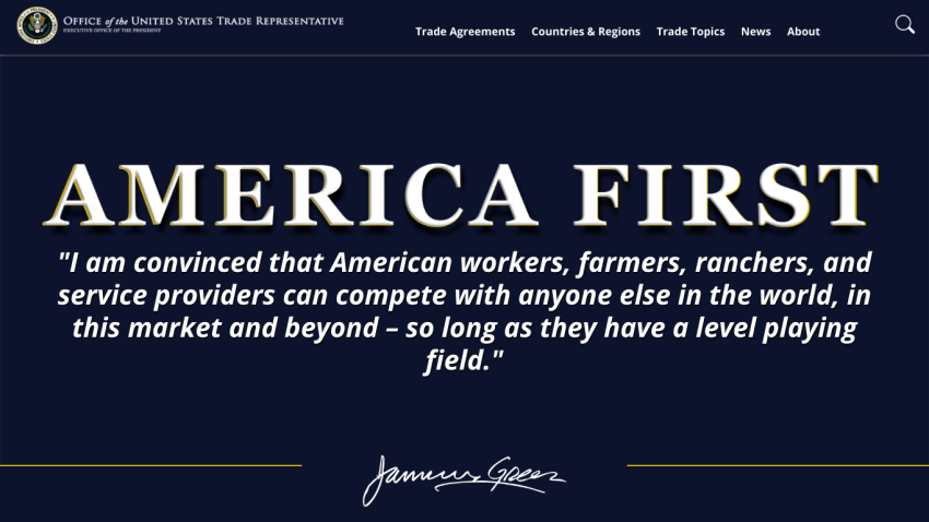Main headline 'AMERICA FIRST' with a quote about American workers and service providers.