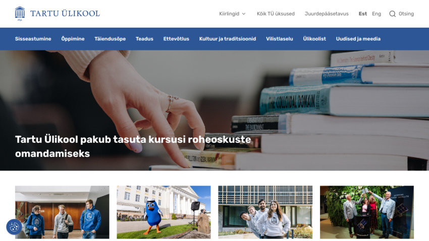 Tartu Ülikool offers free courses on sustainability management, featuring images of students and campus.