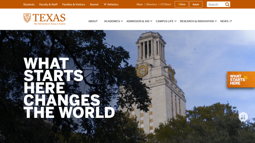 University of Texas homepage featuring the slogan 'What starts here changes the world' and a tower image.