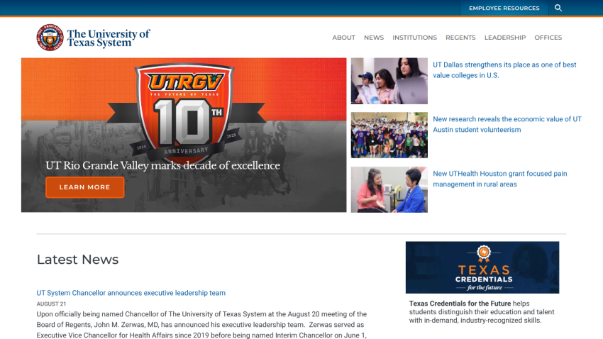 University of Texas System homepage featuring news and a prominent logo.
