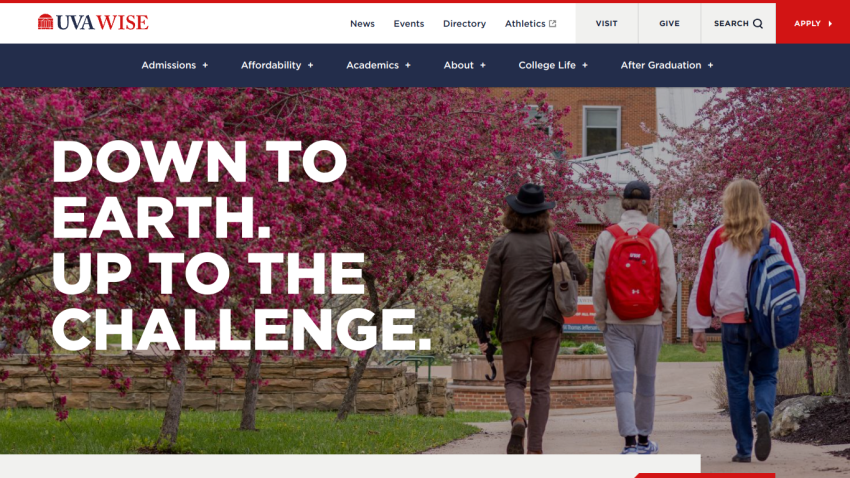 UVA Wise homepage featuring students walking among blooming trees with a motivational tagline.