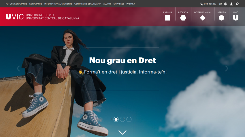 Homepage of UVIC featuring a student and text about a new law degree.