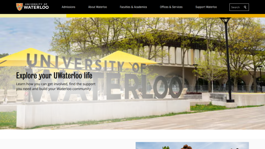 University of Waterloo homepage featuring a welcoming message and campus imagery.