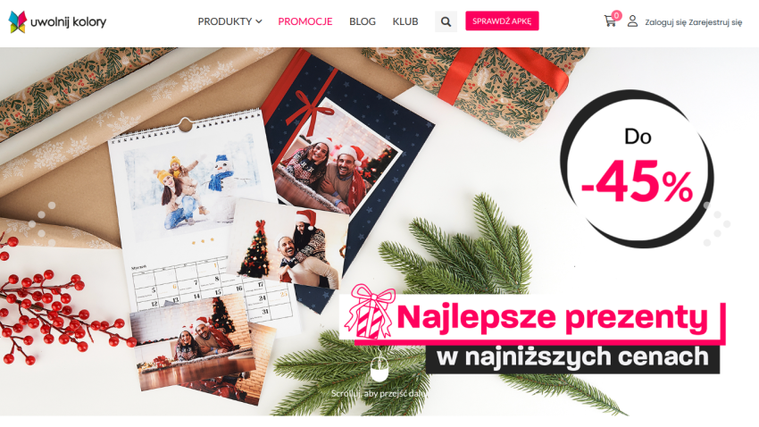Website offering best gifts at lowest prices with up to 45% discount, featuring holiday-themed photos and decorations