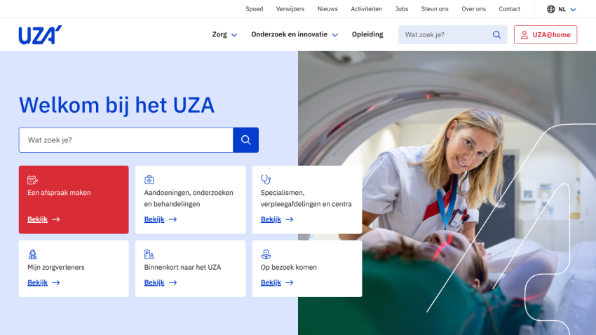 Welcome page of UZA with navigation menu and a nurse attending a patient in a hospital setting
